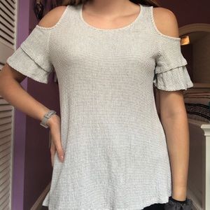 Elle Stripped Cold Shoulder Ruffle Sleeve Top